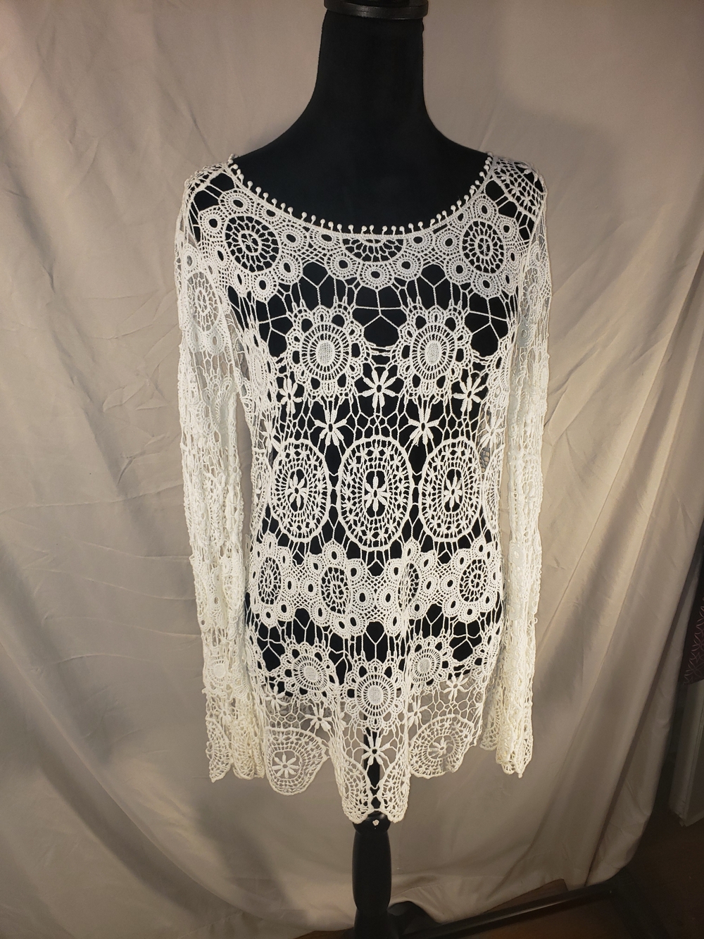 White Crochet Lace Long Sleeve Top - Feminine Boho Cover-Up - M